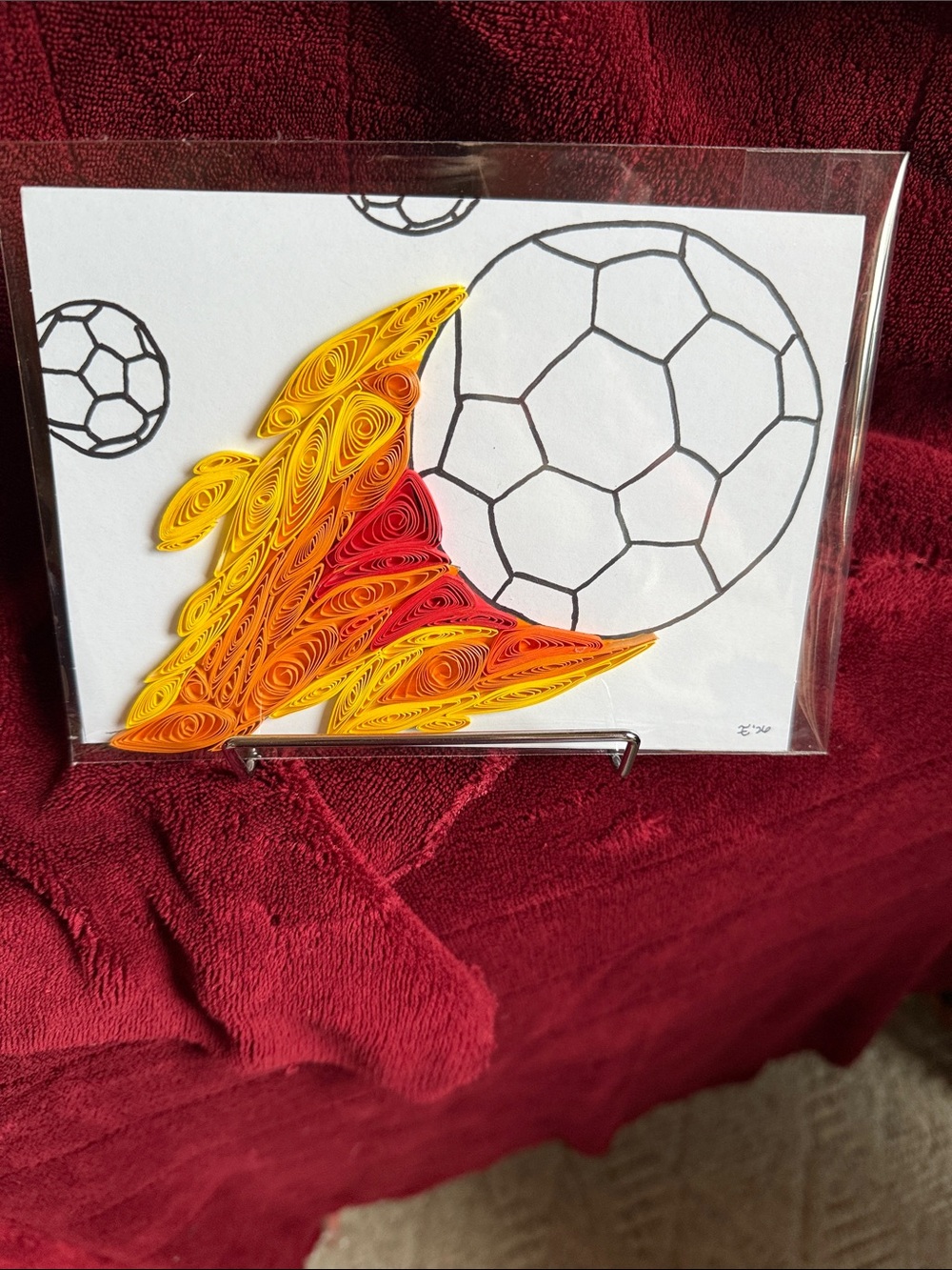Handmade Quilling Soccer Card with Fiery Yellow & Red Accent